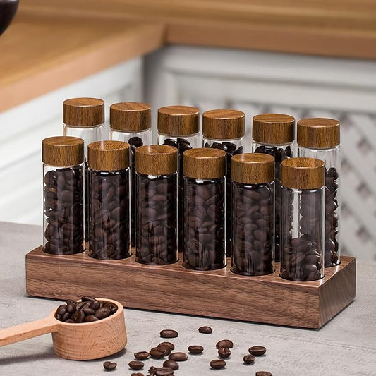 Coffee Bean Storage,Coffee Storage Container with Walnut Solid Wood Base,Coffee Bean Container,12 Tubes Single Dose with Wooden Holder(Type 2)