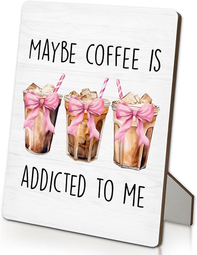 Coffee Bar Sign, Coquette Pink Bow Coffee Wooden Stand Sign 5"X7", Ice Espresso Signs Decorations for Cafe Coffees Station Shop Home Kitchen Table Desk Decor(5x7 Inch) by Unknown