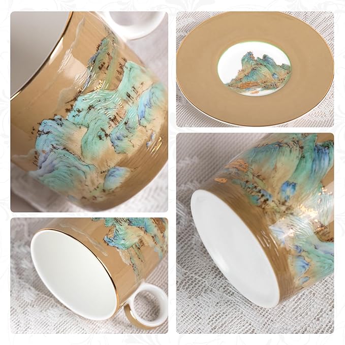KAMMAK Tea Cups and Saucers Set of 2, Fine Bone China Coffee Cups, Stackable Espresso Mugs, Ceramic Demitasse for Coffee, Cappuccino, Latte, Americano, Tea, Small - River and Mountains