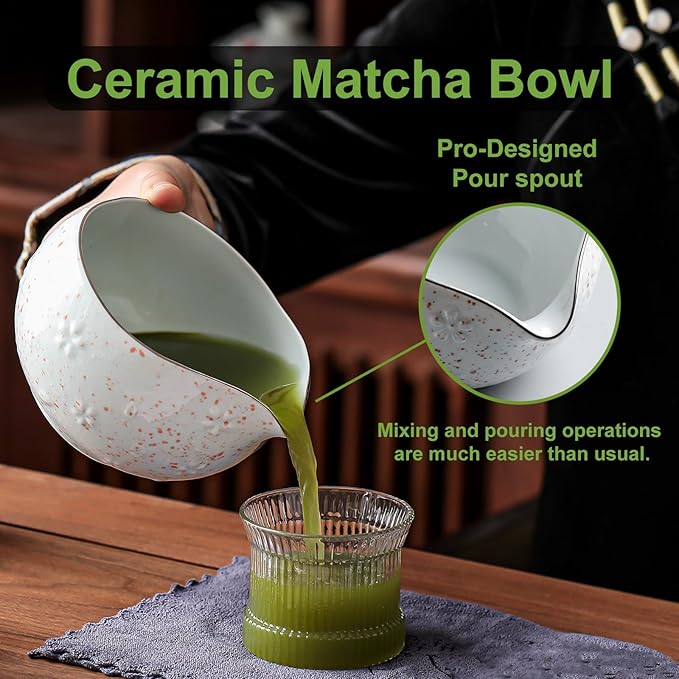 Matcha Whisk Set, 9 pcs Ceramic Matcha Set, Gifts for Women,Matcha Bowl with Spout and Whisk, Matcha Kit for Matcha Lovers, Ideal Gift Christmas, Birthday, Anniversary (Cherry Bloom-Red Spot)