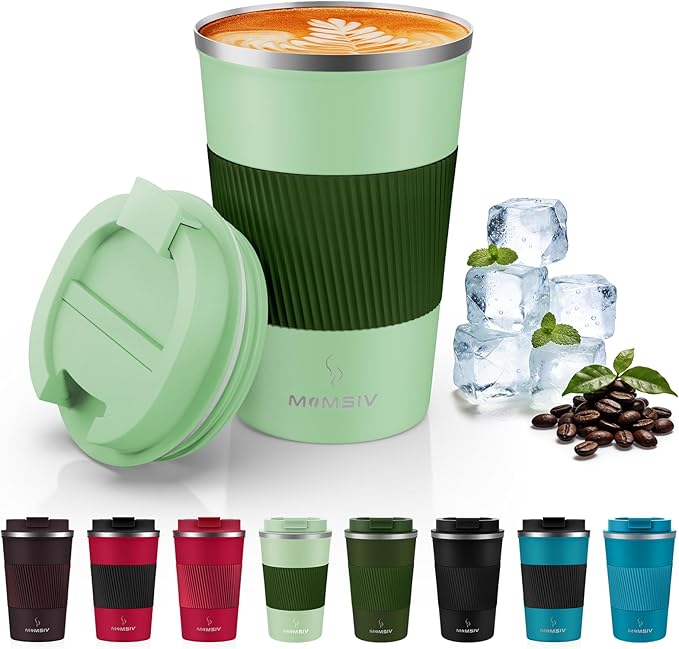 MOMSIV 12oz Travel Mug, Insulated Coffee Cup with Leakproof Lid, Vacuum Stainless Steel Double Walled Reusable Tumbler for Hot and Cold Water Coffee and Tea In Travel and Car (Green-380ml)