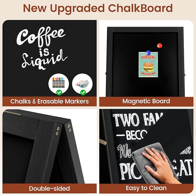 Chezerra A Frame Chalkboard Sign, 40"x20" Extra Large Sidewalk Chalk Board, Wooden Standing ChalkBoards Set with Markers, Double-Sided Magnetic Blackboard for Cafés, Weddings, Party Guide, Black