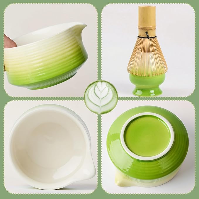 Matcha Set, Japanese Matcha Kit with Ceramic Bowl & Holder, Bamboo Whisk & Scoop, Stainless Steel Sifter, Complete Matcha Accessories Set for Traditional Tea Ceremony, Home & Gift,Green