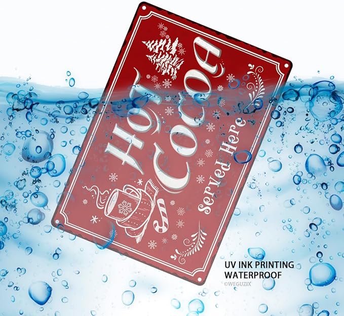 Hot Cocoa Served Here Christmas Metal Sign Red Christmas Vintage Print Art Poster 12" x 8" Aluminium Hanging Plaque for Home Kitchen Patio Yard Office Cafe Coffee Bar Front Door Wall Decor - Image 4