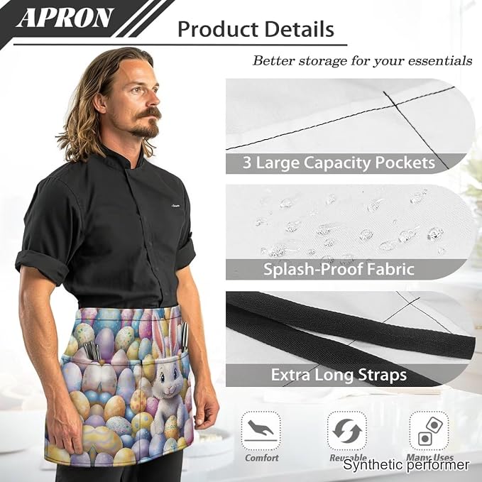 Waist Apron with 3 Pockets Waterproof 13 Inch Short Half Waist Aprons Women Men Server Aprons Waitress Waiter Apron - Image 6