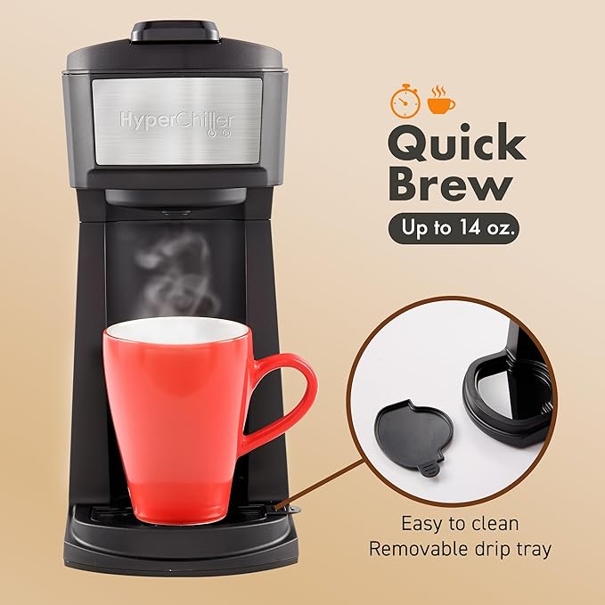 Elite Gourmet HyperChiller EHC210N Iced/Hot Coffee Maker, K-Cup or Coffee Grounds, 8, 10 or 12oz Pours, Removable K-Cup Holder and Reusable Mesh Filter, Drip tray, Black/Stainless-Steel