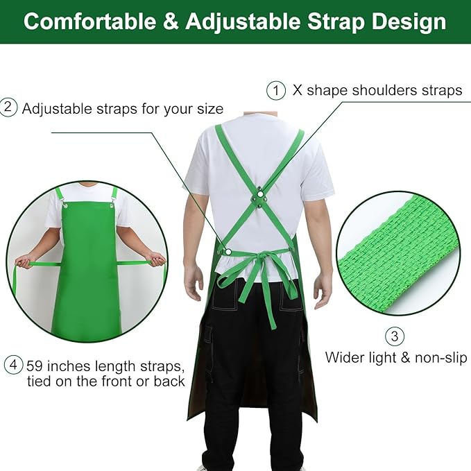 SHEOMERN Waterproof Rubber Apron, 43" Anti-Tear Heavy Duty Vinyl Adjustable Thicker Cross Back Dishwasher Apron for Restaurant Dishwashing, Butcher, Lab Work, Dog Grooming Green