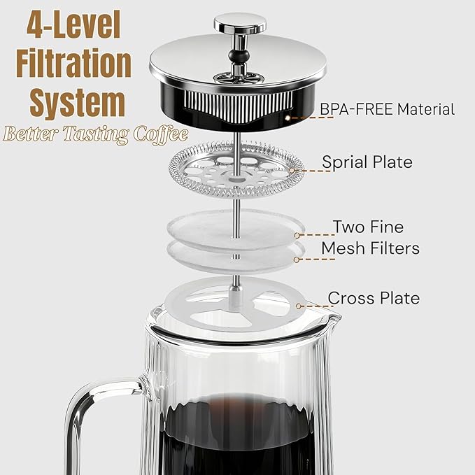 Glass French Press Coffee Maker 34oz, Double Wall Heat-Resistant Borosilicate Glass Coffee Press with Stainless Steel 4-Level Filtration, Also Fit for Tea