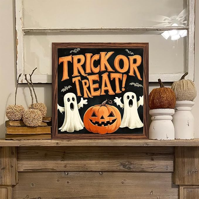 Whimsical Halloween Decorative Sign Trick or Treat Ghosts & Pumpkin Wooden Sign, With Frame Festival Sign for Home Office, Cafe, Bedroom Halloween Decor 7.87x7.87 Inch - Image 6