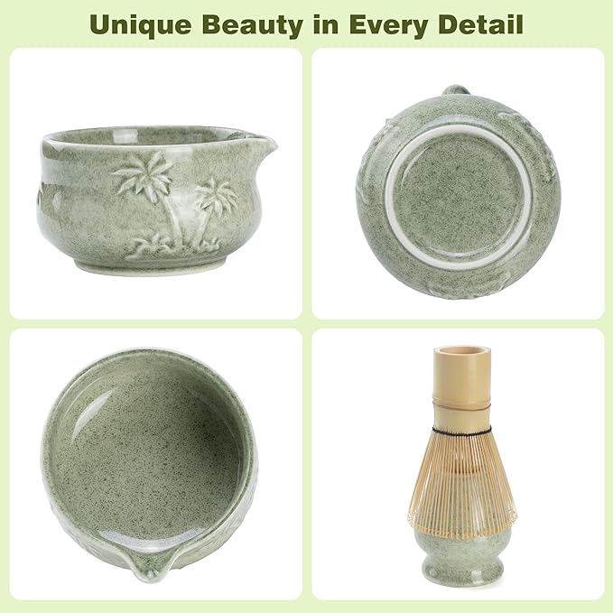Matcha Whisk Set, Ceramic Matcha Kit Set Includes Matcha Bowl, Matcha Whisk and Holder, Bamboo Scoop, Scoop Rest, Sifter and Tea Towel - 7 Pcs Matcha Kit for Matcha Lovers (Matcha Green Coconut Tree)