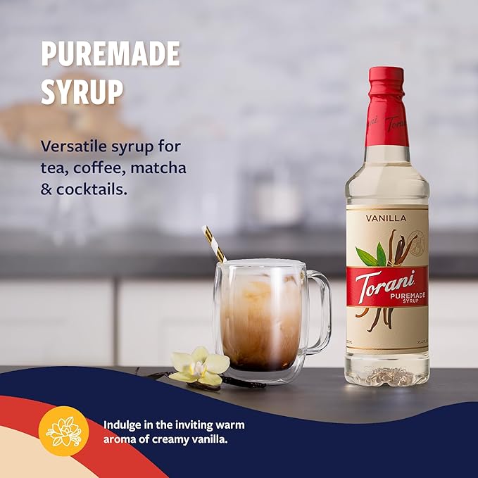 Torani Puremade Syrup, Vanilla Flavoring for Drinks, Pump Included, 25.4 Fl Oz