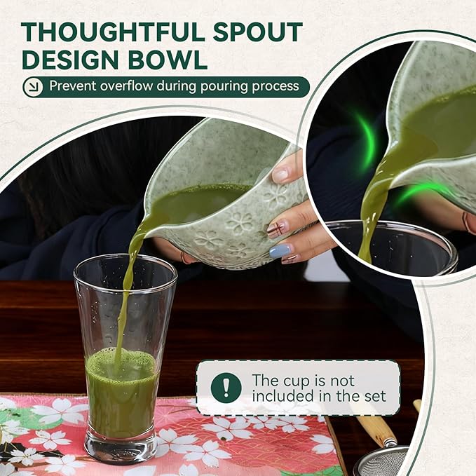 Sakura Matcha Whisk Set, 8 PCS Japanese-Style Matcha Kit with Cherry Blossom Matcha Bowl, Bamboo Whisk & Holder, Scoop, Spoon Rest, Wooden-Handle Sifter & Gift Box for Matcha Lovers (Mottled Green)