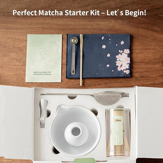8 Pcs Matcha Whisk Set, HTRCXB Matcha Set with Ceramic Bowl, Bamboo Whisk & Holder, Scoop, Sifter, Measuring Spoon, Scoop Rest & Tea Towel, Complete Set for Beginners & Tea Lovers (Ceramic, White)