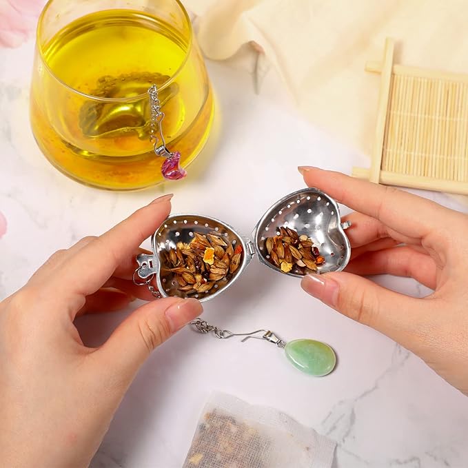 Cunhill 4 Sets Loose Tea Infusers Stainless Steel Teaballs Cute Tea Strainers Steeper Filters with Crystal Stone Pendants and Drip Tray Teacups Accessories(Cute Style)
