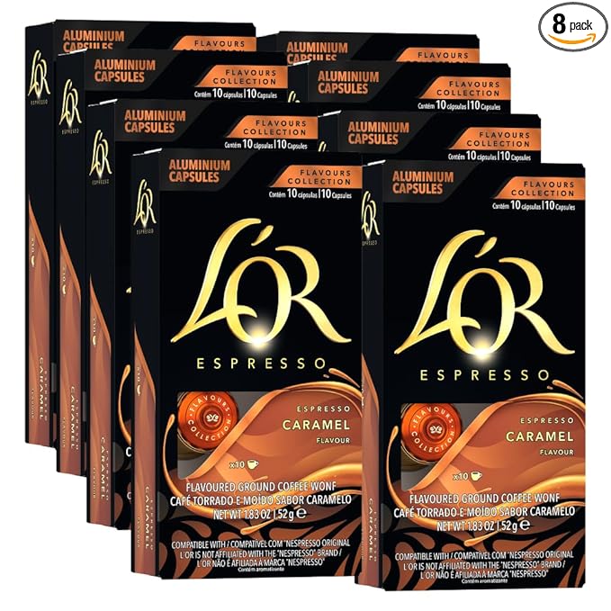 L'OR Espresso Capsules, 80 Count Caramel, Single-Serve Aluminum Coffee Capsules Compatible with the L'OR BARISTA System & *Nespresso Original Machines, 80 Count (Pack of 8)