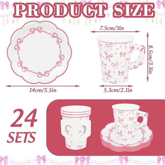 48 Pcs Pink Paper Tea Cups and Plates Pink Bow Party Supplies Bowknot Disposable Paper Teacups and Saucer Set Coquette Birthday Decor for Mother's Day Wedding Baby Shower Party, Serve 24