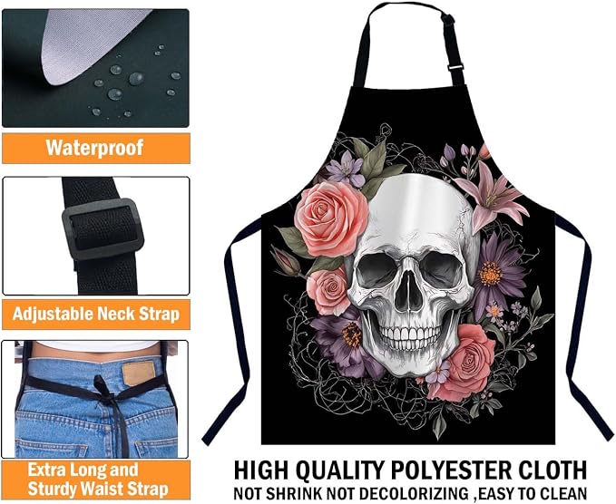 Skull Flowers Vintage Rose Floral Waterproof Apron Kitchen Chef Aprons Bibs for Grooming Cooking Baking Painting Gardening - Image 3