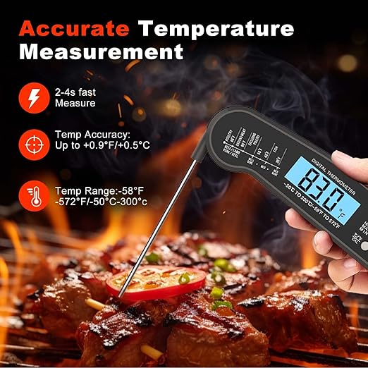 Digital Instant Read Food Thermometer with Backlight, LCD Display, Calibration Function, Built-in Bottle Opener for Grilling, BBQ, Turkey, Candy, Liquid Temperature Measurement, Black