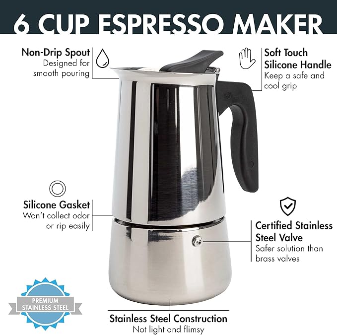Primula 6 Cup Stovetop Espresso Coffee Maker, Stainless Steel (PES-4606)