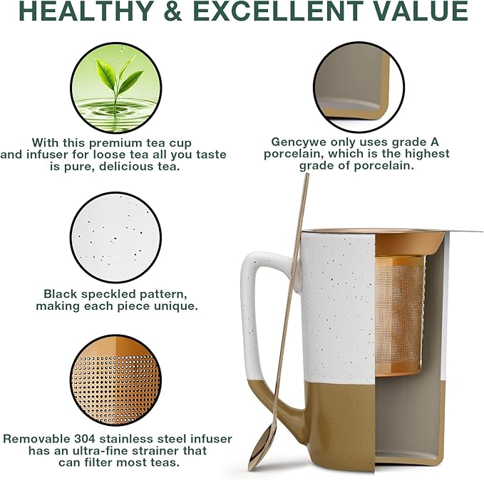 Ceramics Large Tea Cup with Loose Leaf Infuser, Spoon and Lid, 16 oz Tall Coffee Mug, Microwave and Dishwasher Safe, Rustic Matte Ceramic Glaze, Tea Strainer, Amber