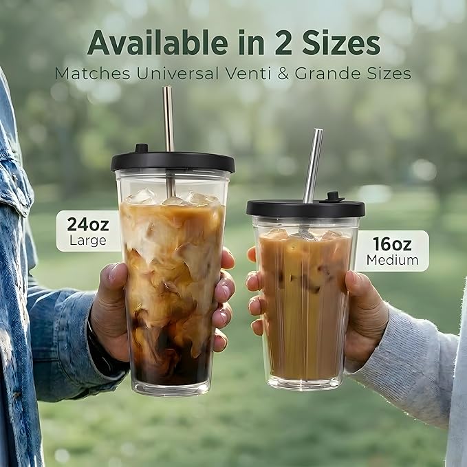 Reusable Iced Coffee Cup (16 Oz/Grande), Leak Proof and Double Wall Insulated Iced Coffee Tumbler, Come with Reusable Plastic and Metal Straws and Straw Cleaner - Black