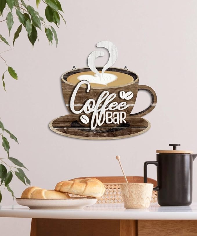 Putuo Decor Coffee Bar Wall Art, Double-Layer Coffee Cup Sign with Hook, Rustic Wall Decor for Kitchen, Living Room, Hotel, Vintage Farmhouse Decoration for Latte Lover (Brown)