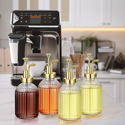 LemonRoad 4 Pcs Coffee Syrup Dispenser for Coffee Bar 10oz Glass Syrup Pump Dispenser with Gold Pump, Gold Scoop and Funnel for Bar Accessories - Image 7