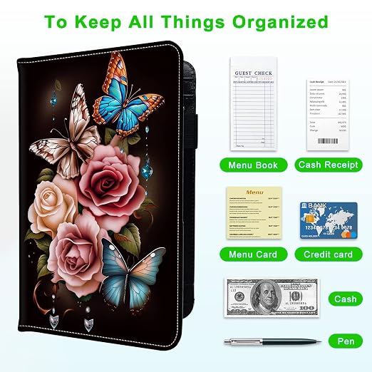 Server Books for Waitress, with 7 Large Pockets, Waiter Serving Book, Waitstaff Server Order Pads, Cute PU Leather Server Book with Pen Holder Fit Server Apron, Colorful Butterflies Rose - Image 5
