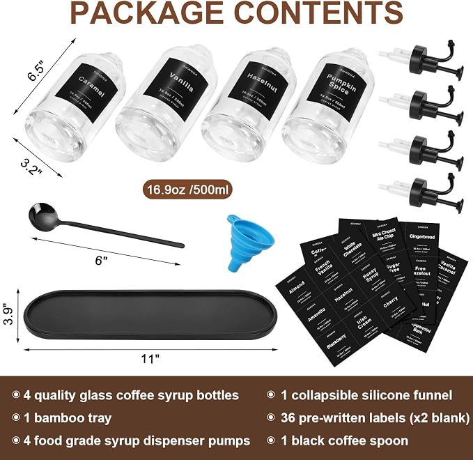 Coffee Syrup Dispenser for Coffee Bar, 16.9oz 500ml Glass Syrup Dispenser w Black Coffee Scoop, Coffee Syrup Pump Dispenser w 36 Labels and Bamboo Tray, Coffee Syrup Bottles with Black Pump, 4PCS - Image 2