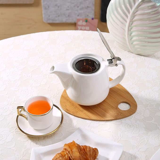Ceramic Teapot With Stainless Steel Infuser, Heat Resistant, Perfect Tea Maker, White, 500ml/17oz