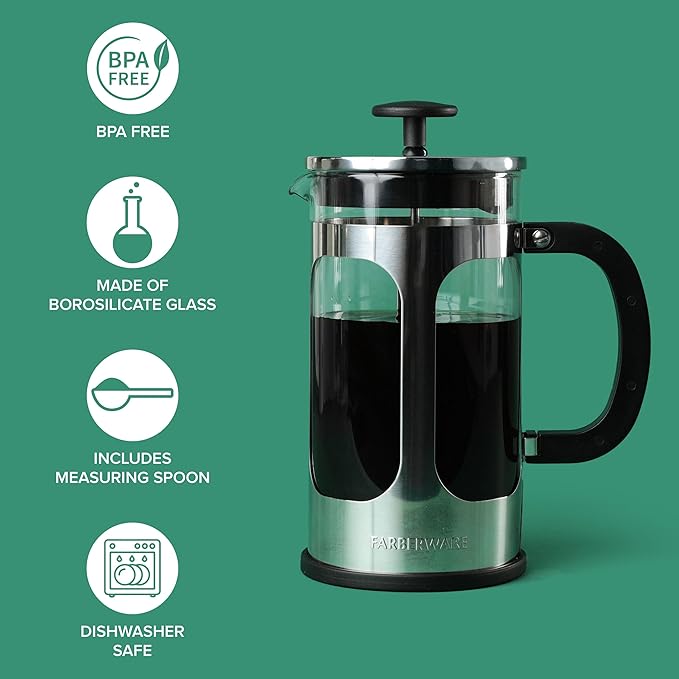 Farberware French Press Coffee Maker, Tea & Espresso Maker, Stainless Steel Cold Brew Press, Heat-Resistant Borosilicate Glass, BPA-Free, Measuring Spoon Included, 8 Cup Capacity (Stainless)