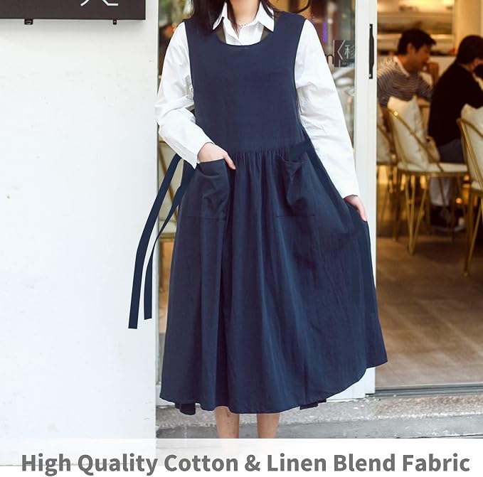 Premium Plus Size Apron with Pockets Adjustable Waistline Bib Apron,Soft Cotton Blend Apron Pinafore Dress for Baking Cooking Gardening(XL,Navy Blue) - Image 5