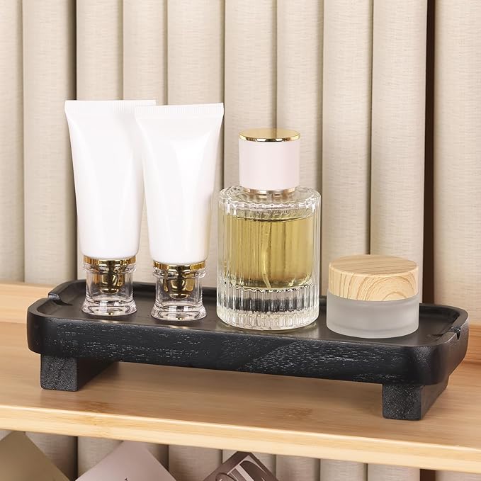 Wood Riser Small Decorative Tray Sink Soap Dish, Vanity Tray Pedestal Stand 8.7 x 3.6 inches (Black)