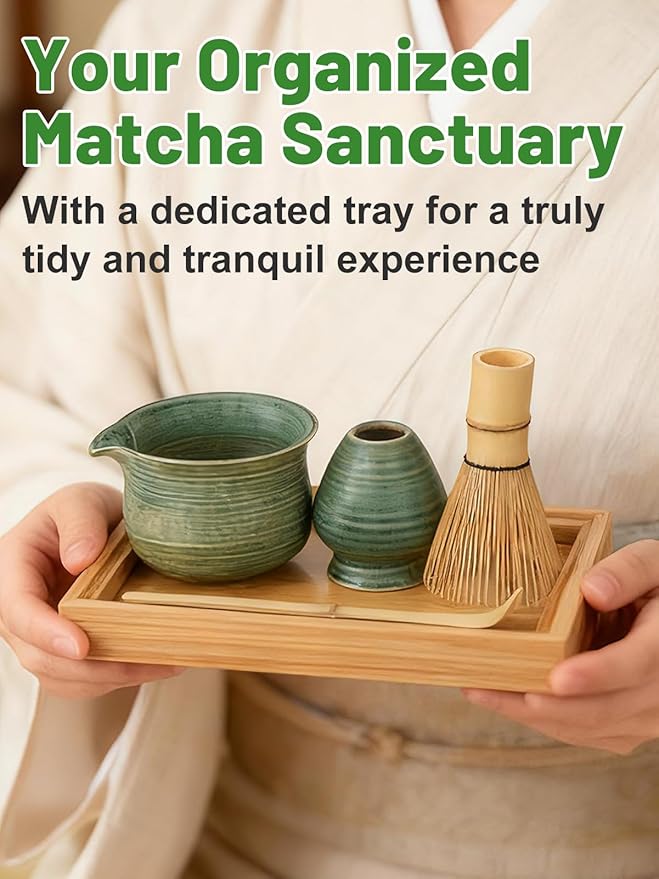 Matcha Whisk Set with Bamboo Tray - Bowl with Spout, Whisk and Holder, Bamboo Scoop, Sifter, Japanese Matcha Kit Tea Ceremony Gift for Women