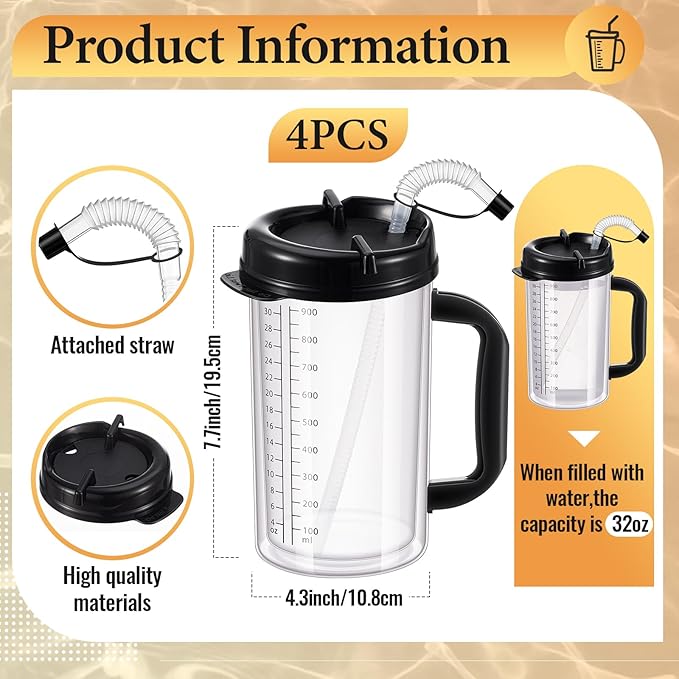 4 Pcs 32 oz Hospital Water Cup with Straw and Lid Insulated Double Walled Water Cup with Handle and Straw Elderly Bottle Plastic Drinking Carafe Insulated Mug (Black)