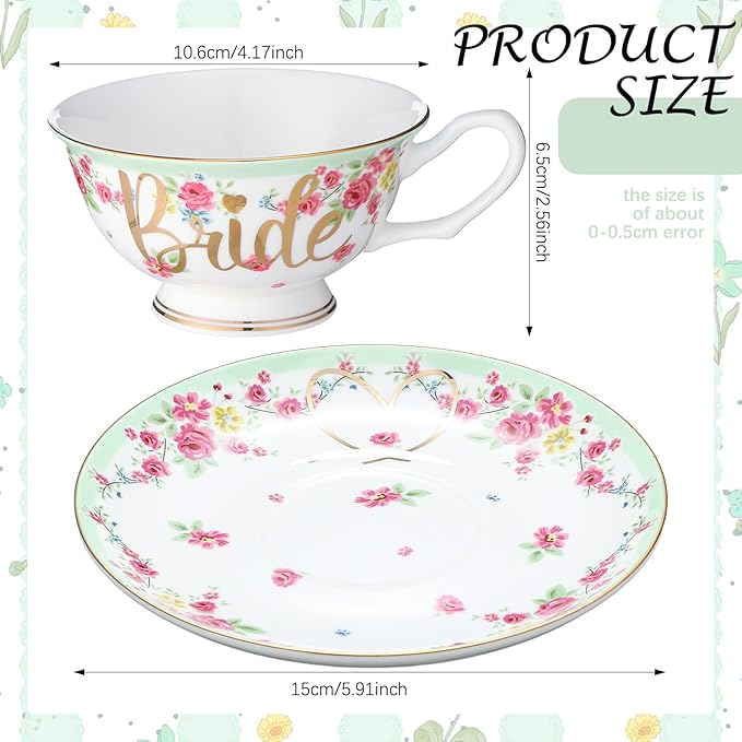 Rtteri Bride Teacup and Saucer Set 7oz Bridal Shower Teacup Porcelain Ceramic Tea Cups for Bridal Shower Tea Party Wedding Decor Victorian Elegant Coffee(Green,Floral)