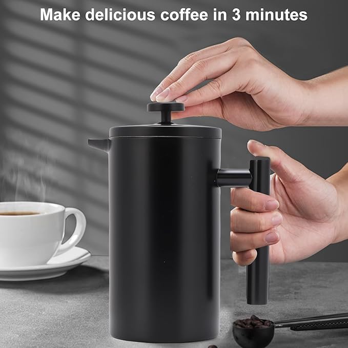 Enfmay 1000ml French Press Coffee Maker, 304 Stainless Steel Double Wall Insulated Coffee Maker Pot, Triple Filtration System for Optimal Brew, Coffee Tea Maker for Home, Office, Camping