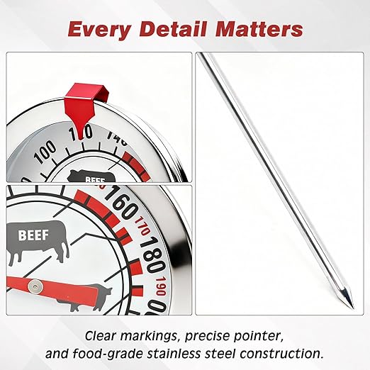 Meat Thermometer for Oven, Analog Leave-in with Adjustable Red Target Indicator, 2-Inch Dial with Meat Icons, 4.3-Inch 304 Stainless Steel Probe, 40-220°F for Beef Poultry Pork Lamb Seafood