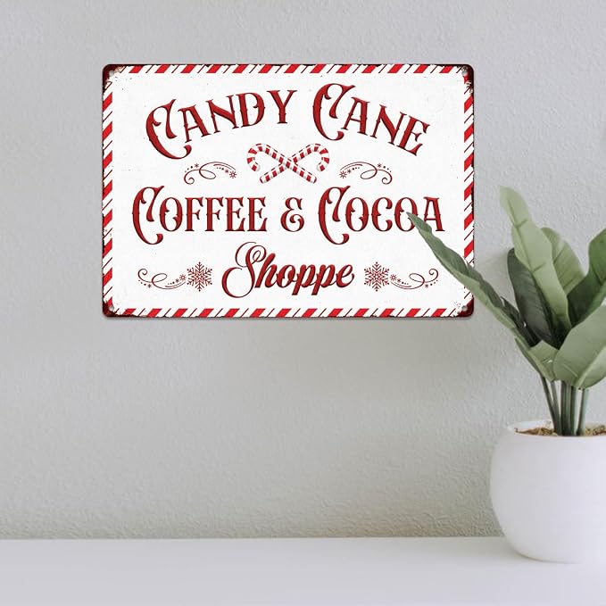 Christmas Signs Home Decor Vintage Art Poster Metal Hanging Plaque Kitchen Cafe Bar Farmhouse Porch Yard Outdoor Indoor Decorations Funny Xmas Gift 8X12 Inch (Candy Cane Coffee Cocoa Shoppe Sign) - Image 5