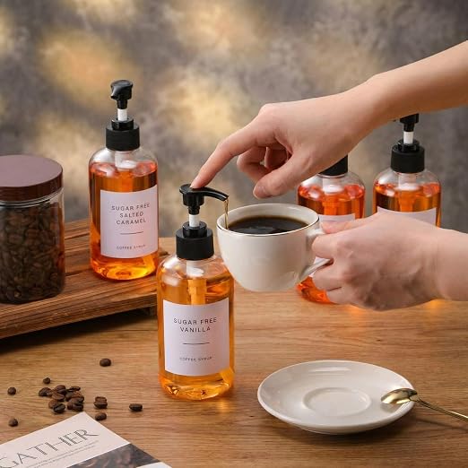 9 Pcs Coffee Syrup Dispenser Set 10.1 Oz/300 ml Plastic Coffee Syrup Dispenser Pump Bottle Pet Jar with Lids Gold Spoon and Labels for Home Bar Organization - Image 3