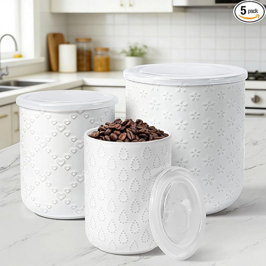 Kitchen Utensil Holder for Countertop, Ceramic Utensil Holder for Kitchen Counter, Set of 3, Kitchen Decor, Utensil Organizer for Spatulas and Spoons, Flower Arrangement and Storage for Coffee (White)