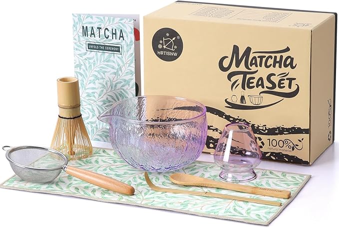 Matcha Whisk Set- 7 Pcs, Matcha Kit Includes Matcha Bowl, Matcha Whisk and Holder, Bamboo Scoop, Spoon, Sifter and Tea Towel, Matcha Set, Gift for Matcha Lovers Beginner (Light Blue)