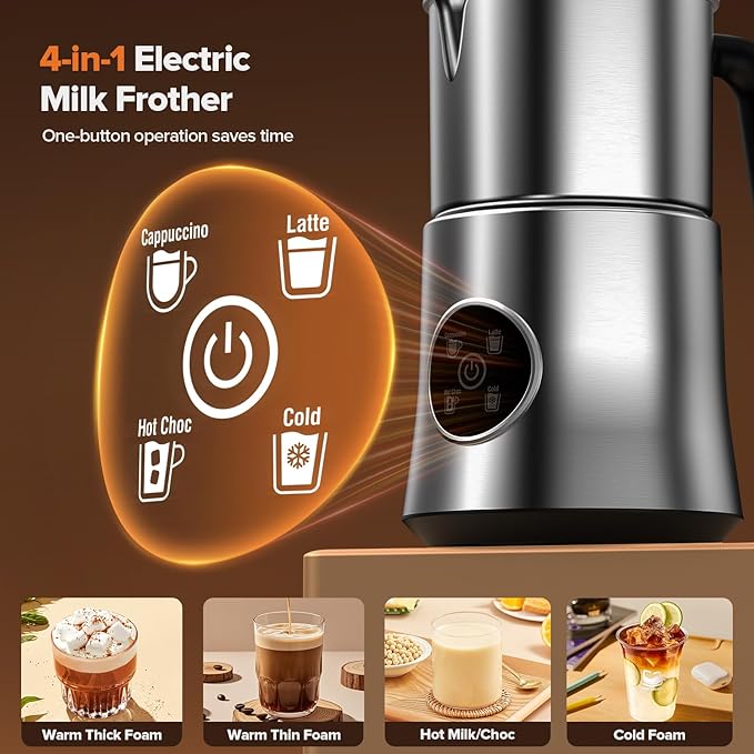 Milk Frother and Steamer, 4-in-1 Electric Frother for Hot & Cold Foam, One-Touch Operation for Cafe-Style Lattes & Cappuccinos, Fast Heat, Dishwasher Safe, 30.44Oz/900ML