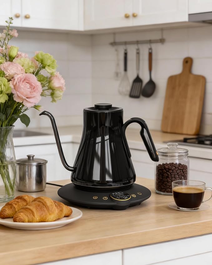 Cocinare Barista Collection Gooseneck Electric Kettle, ±1℉ Precise Temperature Control for Pour-Over Coffee & Tea, Quick Heating 1500W, Stainless Steel Interior, 0.9L (Gustav Gold)