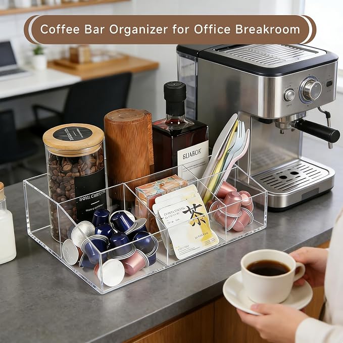 Acrylic Coffee Bar Station Organizer for Countertop Office Breakroom, Clear Tea Snack Storage Coffee Capsule Pod Holder for Kcup Condiment Sugar Creamer Syrup, Easter Gift for Coffee Lovers - Image 5