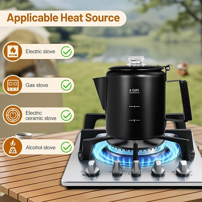 No Coating 6 Cup Percolator Coffee Pot 304 Stainless Steel Moka Pot Stovetop Espresso Maker Italian Greca Cuban Machine 1000ml 33.8oz Suitable for Gas Induction Stovetop Camping Kettle