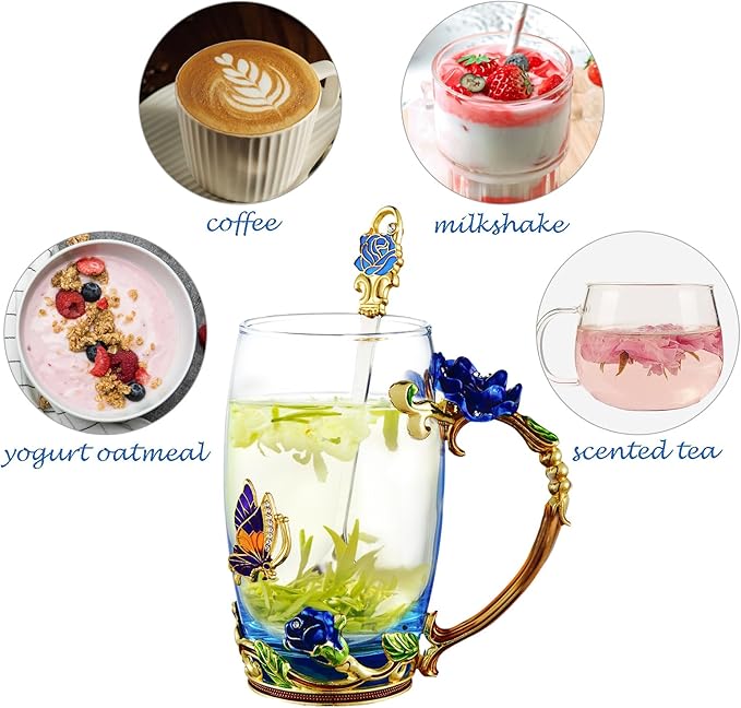 Flower Tea Cup ,Butterfly Rose Clear Glass Fancy Coffee Mug with Spoon,Gift Box for Her Mom Wife Grandma Girls Friends Valentines Christmas Birthday Present Idea for Juice,Hot And Cold Drinks Use