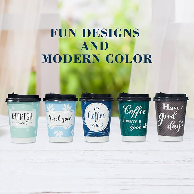 Disposable Coffee Cups with Lids 12 oz, 50 Pack Double-Walled Paper Coffee Cups with Fun Designs, Insulated Hot Beverage Paper Cups for Cold & Hot Drinks