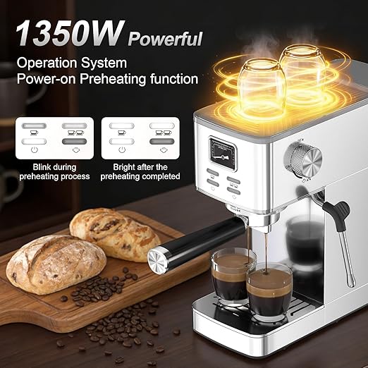 Espresso Machine 20 Bar, Stainless Steel Coffee Machine with Steam Milk Frother & 47oz Removable Water Tank, Hot Water Function for Home Cappuccino, Latte