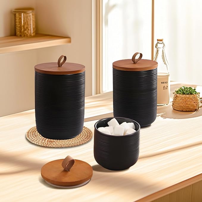 Food Storage Jar Strong Ceramic Storage Canisters with Airtight Wooden Lid,Kitchen Storage Containers for Serving Coffee Beans, Tea, Sugar, Salt, Spices (Big black 44 oz)